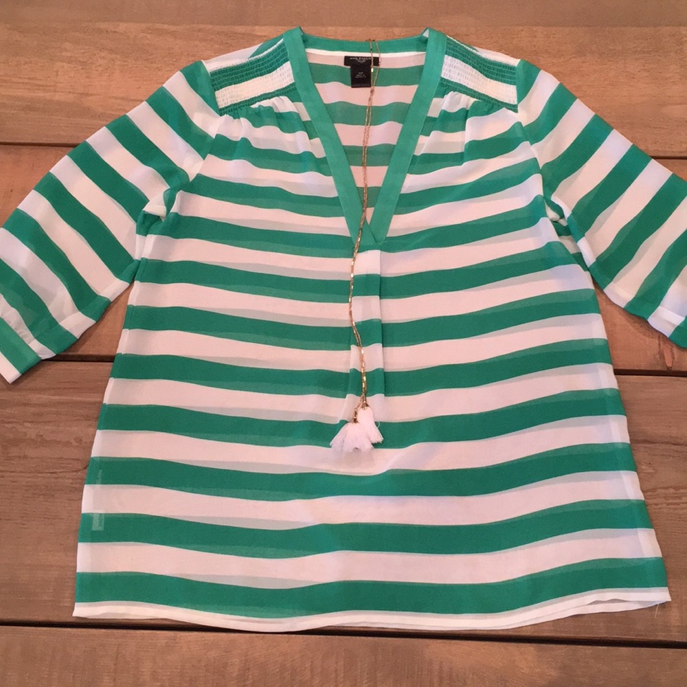 Ann Taylor Green Striped Sheer Blouse